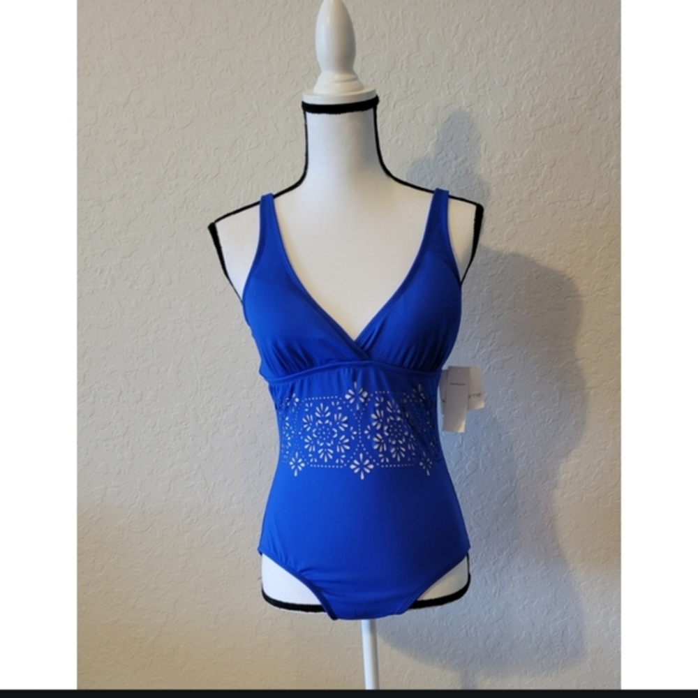 Blue Lasercut One Piece Bathing Suit